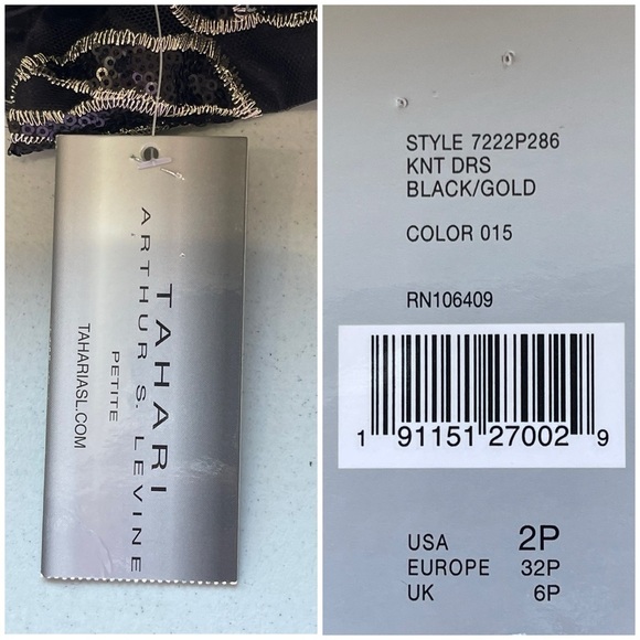 Tahari new with tags black and gold sequin sheath dress lined NWT size 2P formal - Picture 13 of 17